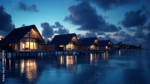 a row of houses sitting on top of a pier next to a body of water under a cloudy blue sky.