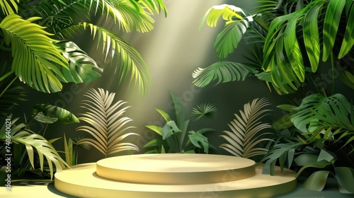 podium stage product presentation holiday ,Tropical plant background with promotional product placement