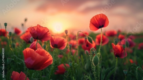 Poppy flowers in green agricultural field 