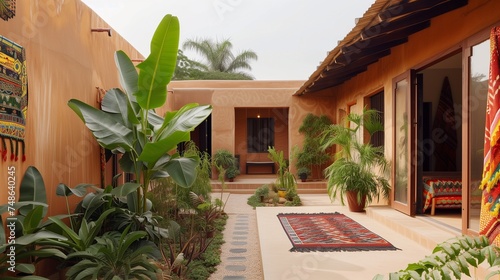 A Ghanaian suburban craftsman residence, blending traditional Ashanti architecture with modern elements, featuring vibrant textiles, adobe walls, and a courtyard filled with tropical plants. photo