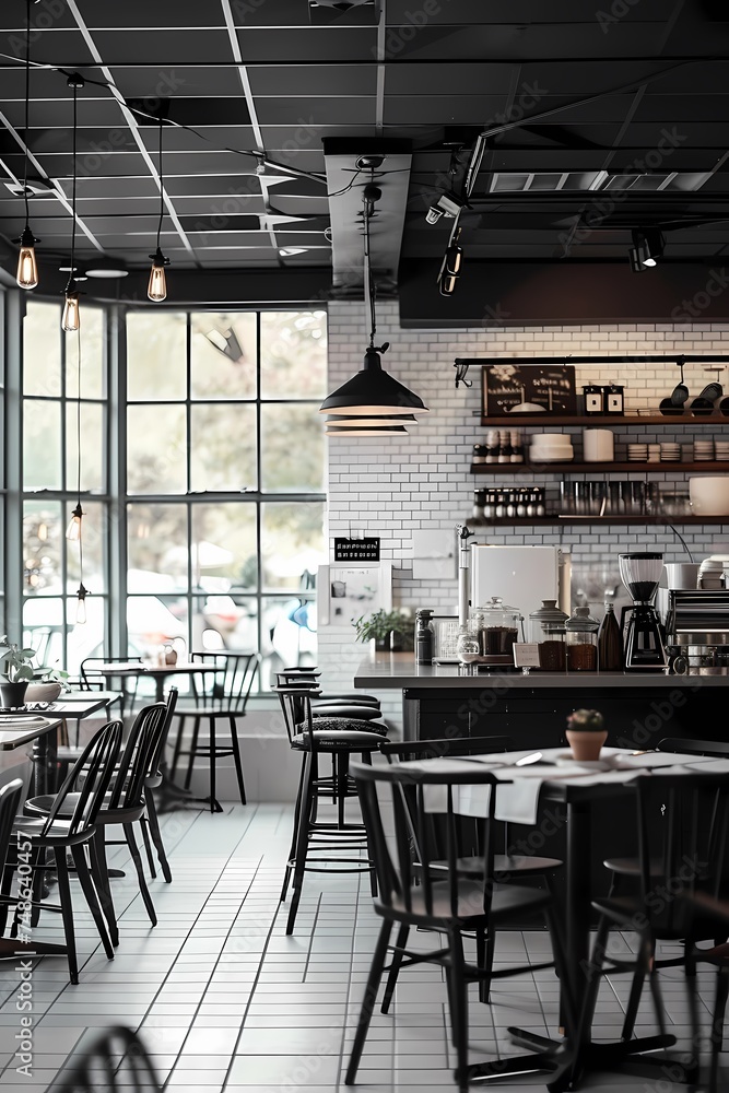 Empty modern cafe interior with chairs and tables, generated ai Empty modern cafe interior with chairs and tables, generated ai
