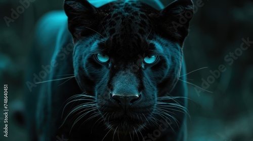 a close up of a black panther's face with a blue light shining on it's left eye. photo