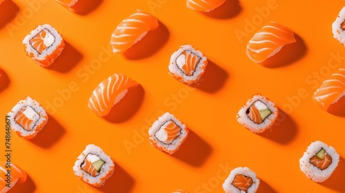 an orange background with sushi pieces arranged in the shape of the left and the right.