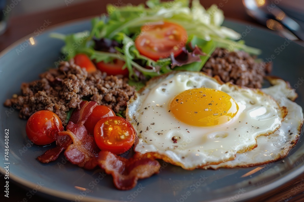 Keto breakfast with fried egg, bacon, cheese, ground beef and salad Keto breakfast with fried egg, bacon, cheese, ground beef and salad