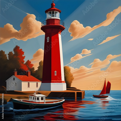 Beautiful seascape with red lighthouse and boats