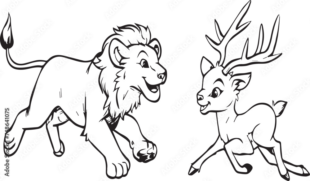 Whimsical Wildlife Adventures, Playful Lion and Deer Friends Coloring Pages