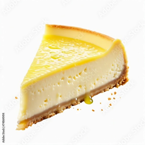 Slice of lemon cheesecake with lemon curd and lemon slices. isolated on white background