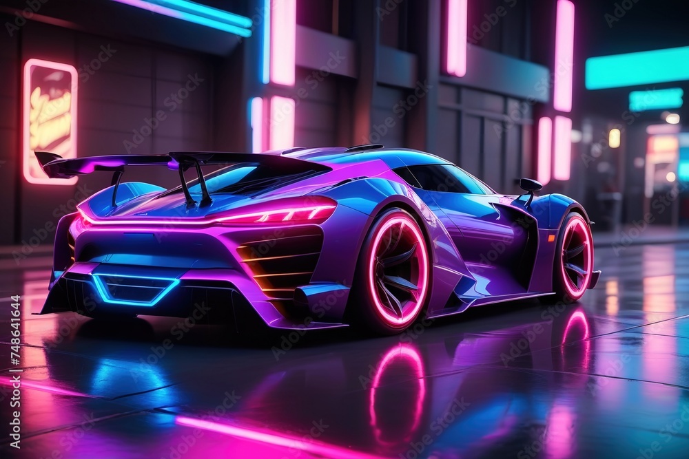 Neon vibes: Directly view a cyberpunk-style sport car, illuminated with neon lights on the night street.Car Dealership Promotion,Tech or Gaming Events,Tech or Automotive Podcast Cover Art.