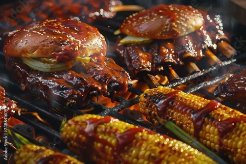 Mouthwatering barbecue scene, with juicy burgers sizzling on the grill, corn on the cob dripping with butter, and ribs glazed with sticky barbecue sauce.