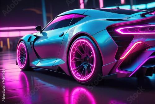 Back view of a sport car with neon lights  vividly hued againCar Dealership Promotion Tech or Gaming Events TCar Enthusiast Blogs Urban Lifestyle Magazines.