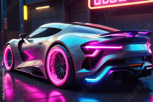 Cyberpunk-style sport car with neon lights, at the night street backdrop,back view.Car Dealership Promotion,Tech or Gaming Events,Urban Lifestyle Magazines,Cyberpunk Art Exhibitions.