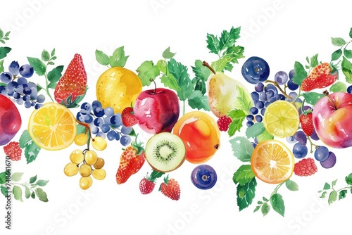 Multicolored fruits border on white background 
