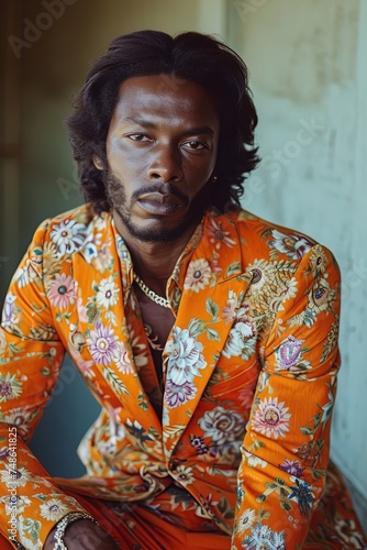 Black man fashionably dressed floral print jacket iconic fashion trends of 1970's style, retro fashion. Portrait of a stylish male model