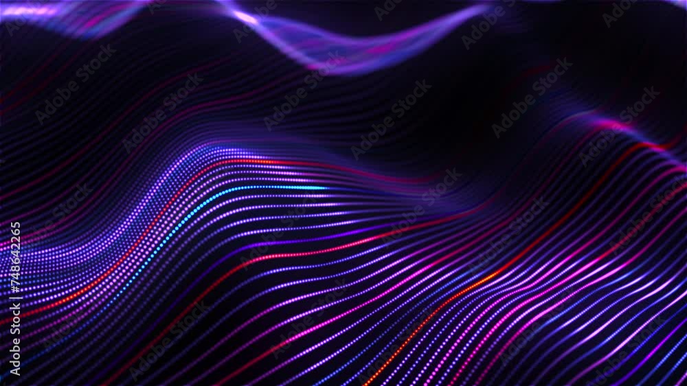 Glowing dotted lines on the surface of flowing waves. Abstract concept of sound waves, artificial intelligence or big data. 4K looped video of 3D glowing colored soundwaves on black background Glowing dotted lines on the surface of flowing waves. Abstract concept of sound waves, artificial intelligence or big data. 4K looped video of 3D glowing colored soundwaves on black background