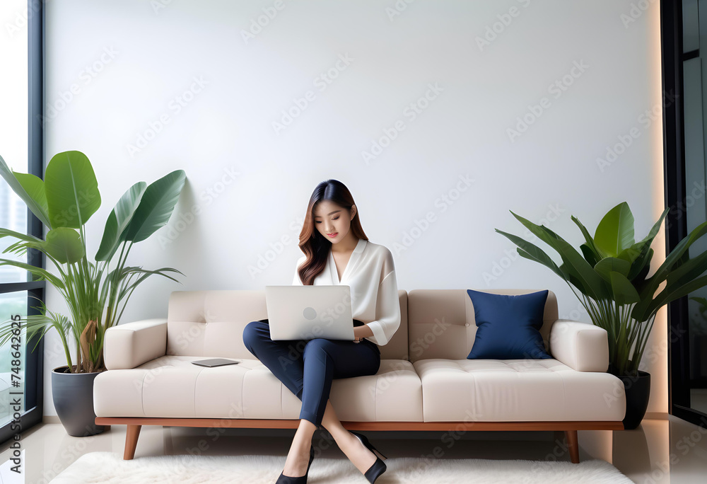 © anmitsu - Beautiful young Asian female freelancer successful in business sitting on comfortable sofa and browsing internet through laptop. She has luxury interior, work from home concept