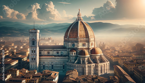 an iconic historical cathedral similar to the Florence Cathedral  with a large dome and bell tower  detailed facade and set against a clear blue sky