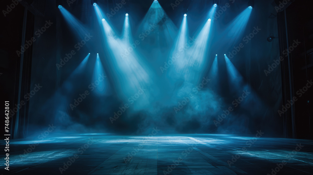 Atmospheric stage lights cutting through the haze on an empty concert stage, creating a moody and dramatic effect.
