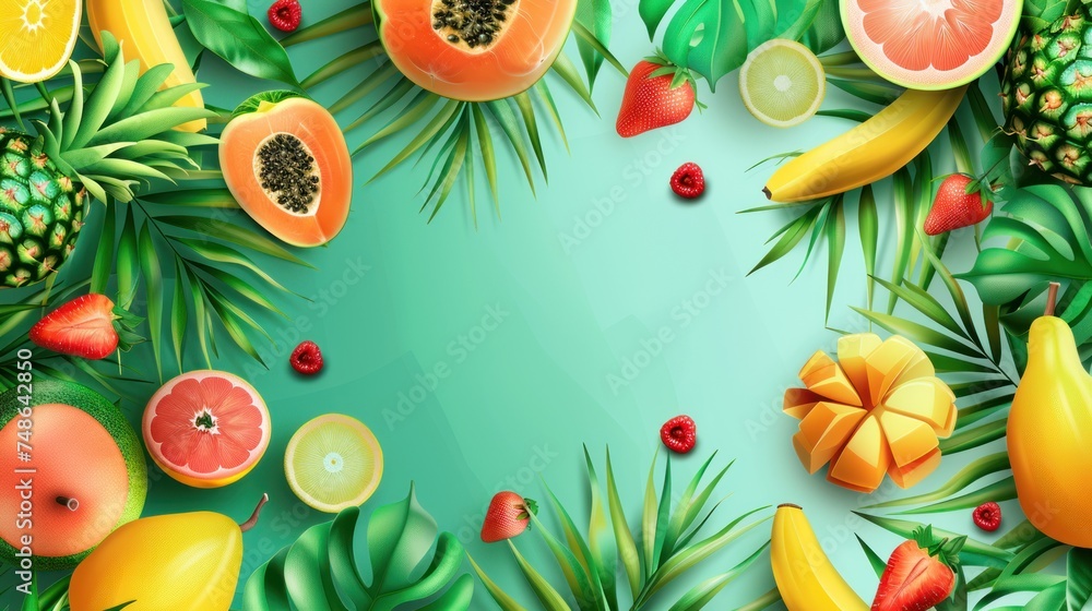 Top-down view, tropical fruits elements in abstract background