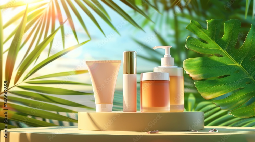 Graphic backgrounds and product concepts,podium banner design. sunblock lotion in podium stage Graphic backgrounds and product concepts,podium banner design. sunblock lotion in podium stage