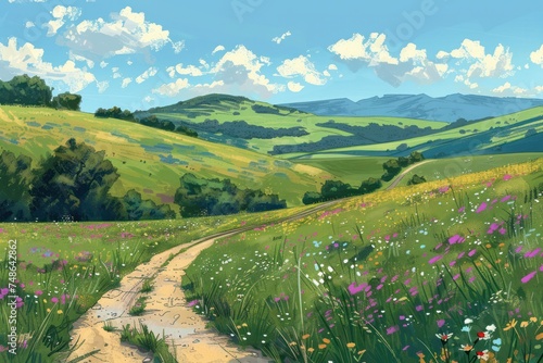 Peaceful countryside scene  with rolling hills  fields of wildflowers  and a winding country road disappearing into the distance. 