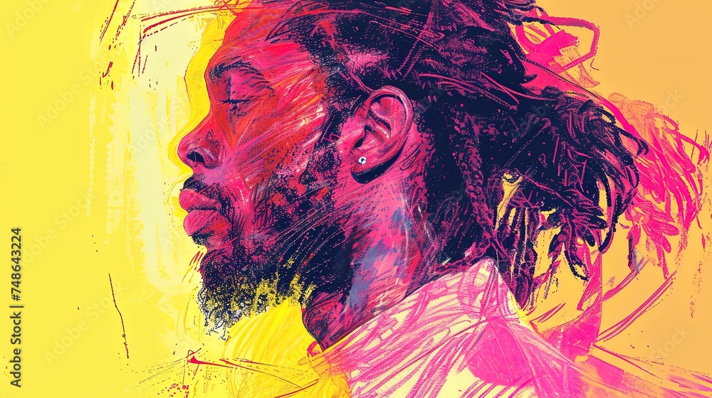 Abstract portrait of black man with long hair fashionably dressed iconic fashion trends of 1970's style, retro fashion, cultural diversity Abstract portrait of black man with long hair fashionably dressed iconic fashion trends of 1970's style, retro fashion, cultural diversity