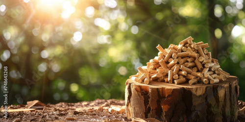 A mound of wooden pellets on a tree stump illuminated by dappled sunlight in a serene forest setting.