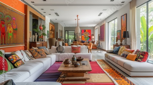 A Rio de Janeiro-inspired craftsman residence, with a vibrant Carnival-themed color palette and festive decor photo
