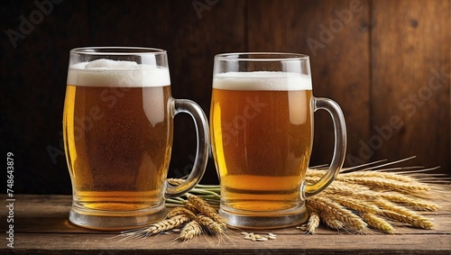Two glass of beer and wheat grains with wooden background 