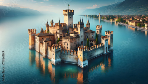 a majestic medieval water fortress with turrets and battlements, situated on the shores of a serene lake. The structure surrounded by water on all sides with a clear connection to the mainland photo