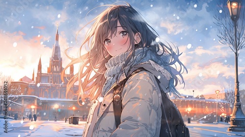 Anime-style illustration of a Japanese high school girl waiting for train in a snowy city, with aesthetic muted colors and bright lighting