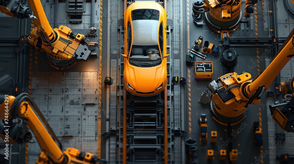 Top-down view  robots with car body on production line 