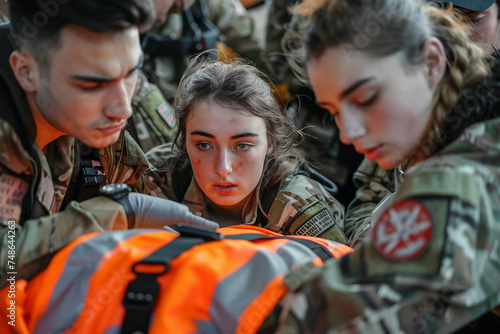 Soldiers in training, focused, emergency medical practice, intense concentration.