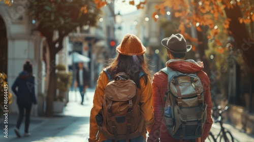 Tourist Couple Walking On Street 