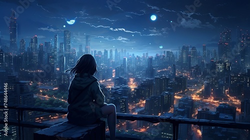 Anime girl enjoying the night view of the city - lofi manga urban wallpaper