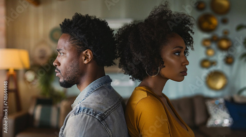 Profile of young Black couple, distanced, reflective mood, stylish home setting.