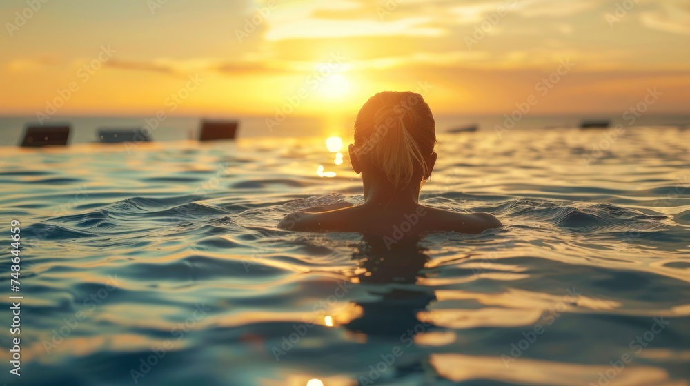  travel woman swimming in pool  with beautiful sunset 