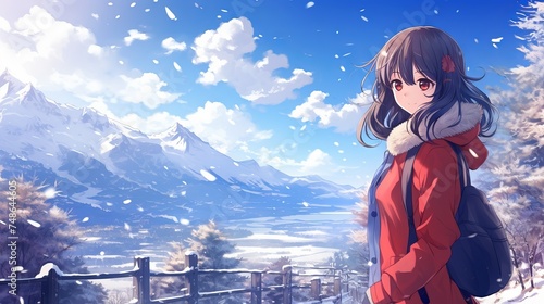 Anime girl enjoying the winter wonderland: A stunning illustration of a young female character in a snowy landscape