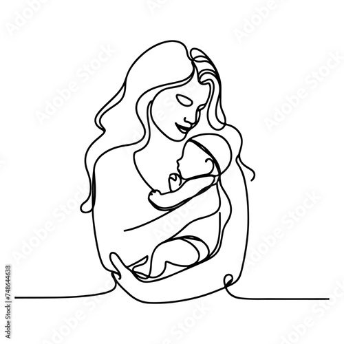 Continuous one black line art drawing parents with newborn baby doodles outline style vector illustration on white background