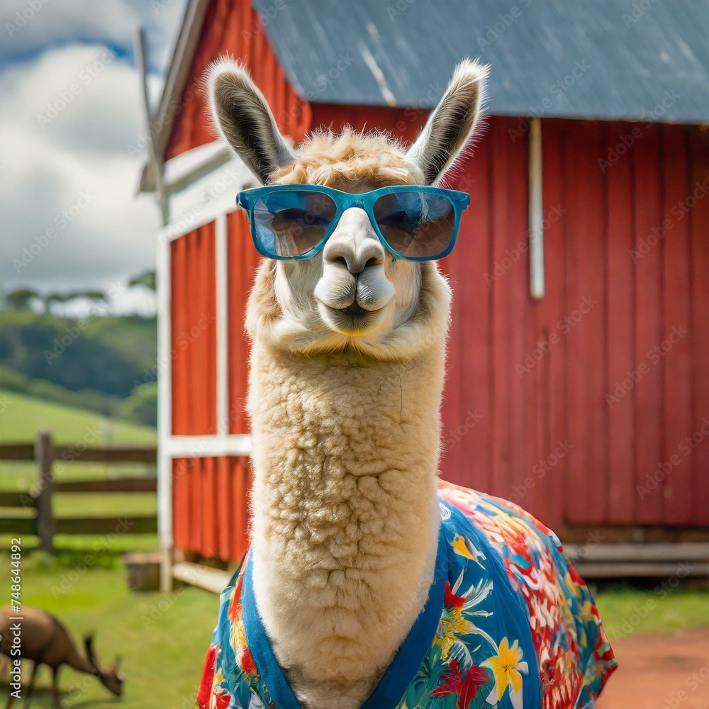Photography a llama standing 3/4 sideways in front of a red barn wearing sunglasses and a Ha