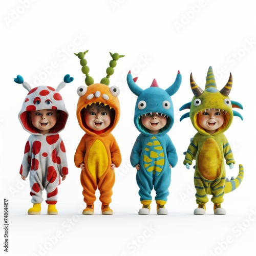  Four cute kids in baby outfits with animals. Funny kids in costumes, cute boys and girls. Carnival clothes. Different kigurumi costumes. Halloween and birthday clothes.