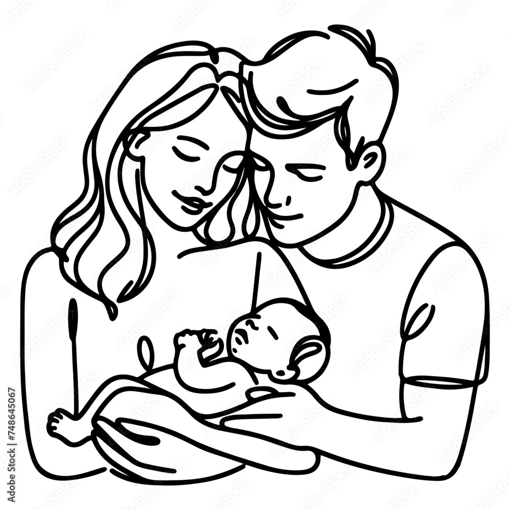 Continuous one black line art drawing parents with newborn baby doodles outline style vector illustration on white background Continuous one black line art drawing parents with newborn baby doodles outline style vector illustration on white background
