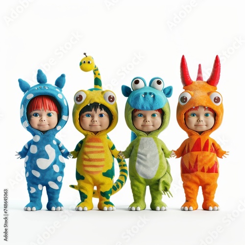 Four cute kids in baby outfits with animals. Funny kids in costumes, cute boys and girls. Carnival clothes. Different kigurumi costumes. Halloween and birthday clothes.