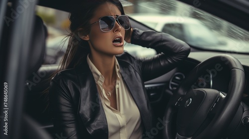 Woman stressed or having a headache while sitting in the car, woman feeling stressed in the car  © CStock
