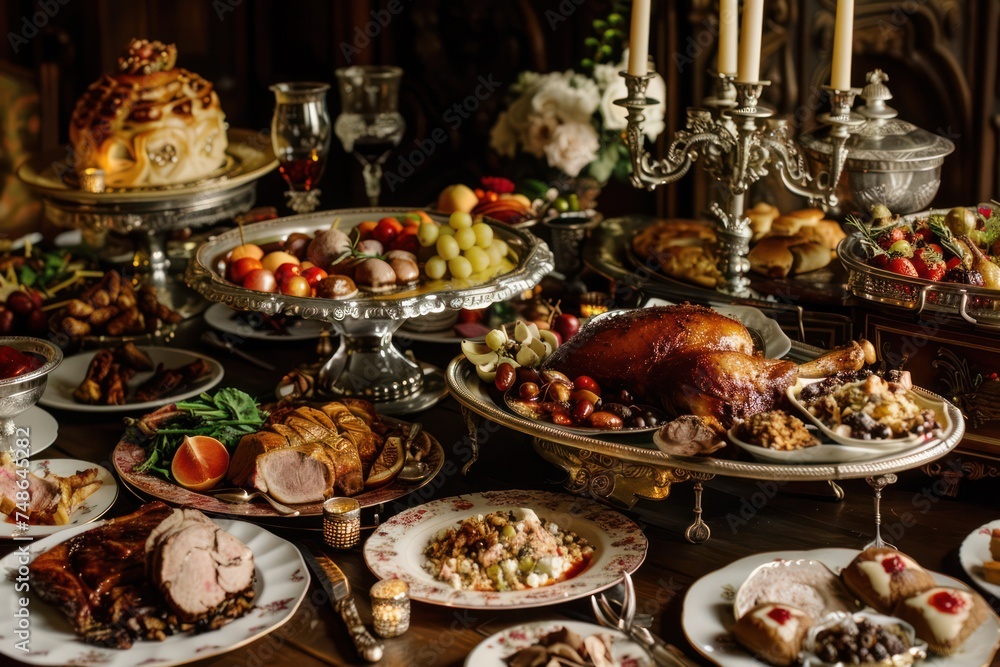 Sumptuous feast fit for royalty, with tables laden with roasted meats, decadent desserts, and overflowing goblets of wine.