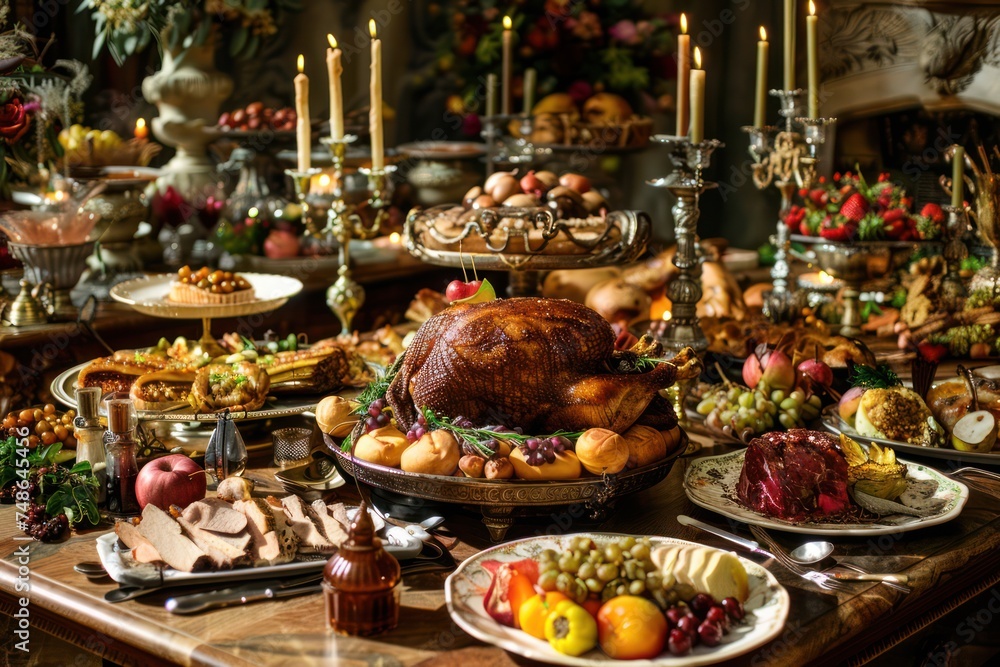 Sumptuous feast fit for royalty, with tables laden with roasted meats, decadent desserts, and overflowing goblets of wine. Sumptuous feast fit for royalty, with tables laden with roasted meats, decadent desserts, and overflowing goblets of wine.