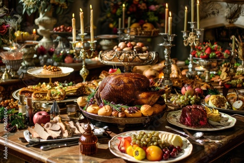 Sumptuous feast fit for royalty, with tables laden with roasted meats, decadent desserts, and overflowing goblets of wine. 