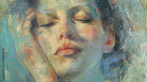 Portrait of a woman with her eyes closed, a beautiful sweet girl. Abstract oil painting in pastel. Interior painting. Contemporary art.
