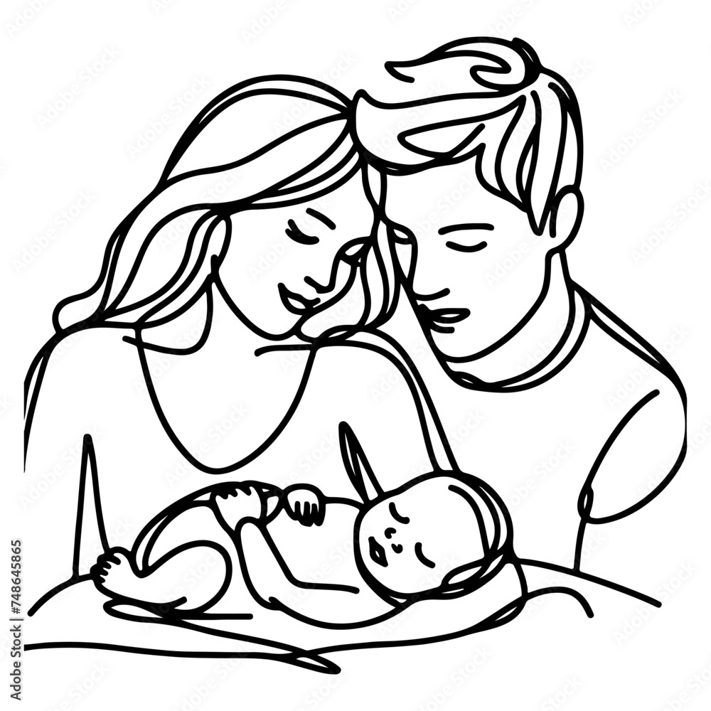 Continuous one black line art drawing parents with newborn baby doodles outline style vector illustration on white background Continuous one black line art drawing parents with newborn baby doodles outline style vector illustration on white background