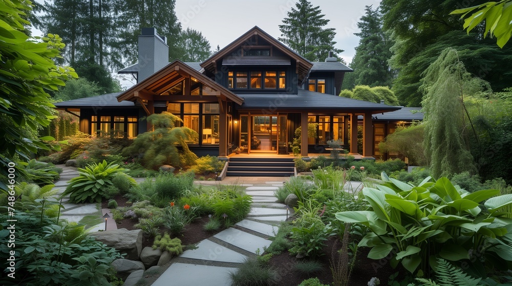 A sustainable craftsman home surrounded by eco-friendly landscaping