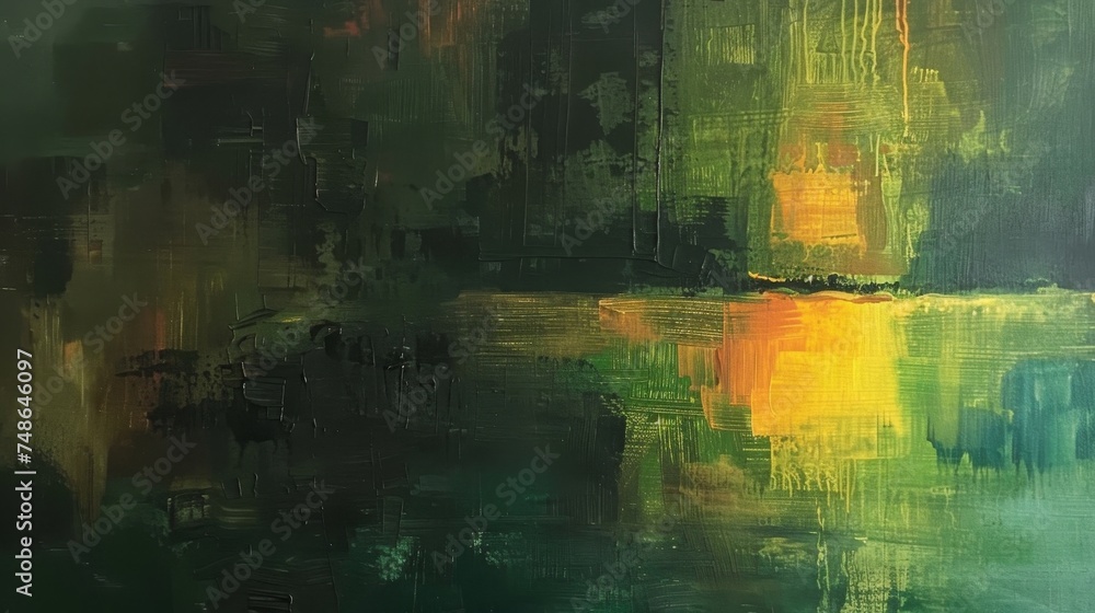 Abstract oil painting, Dark reflection, green and yellow mystery. Painting in the interior, a modern poster.
